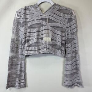 NWT‎ Native Rose Mesh Crop Hoodie Women Size 8 Grey NEW Sheer Textured Stripe